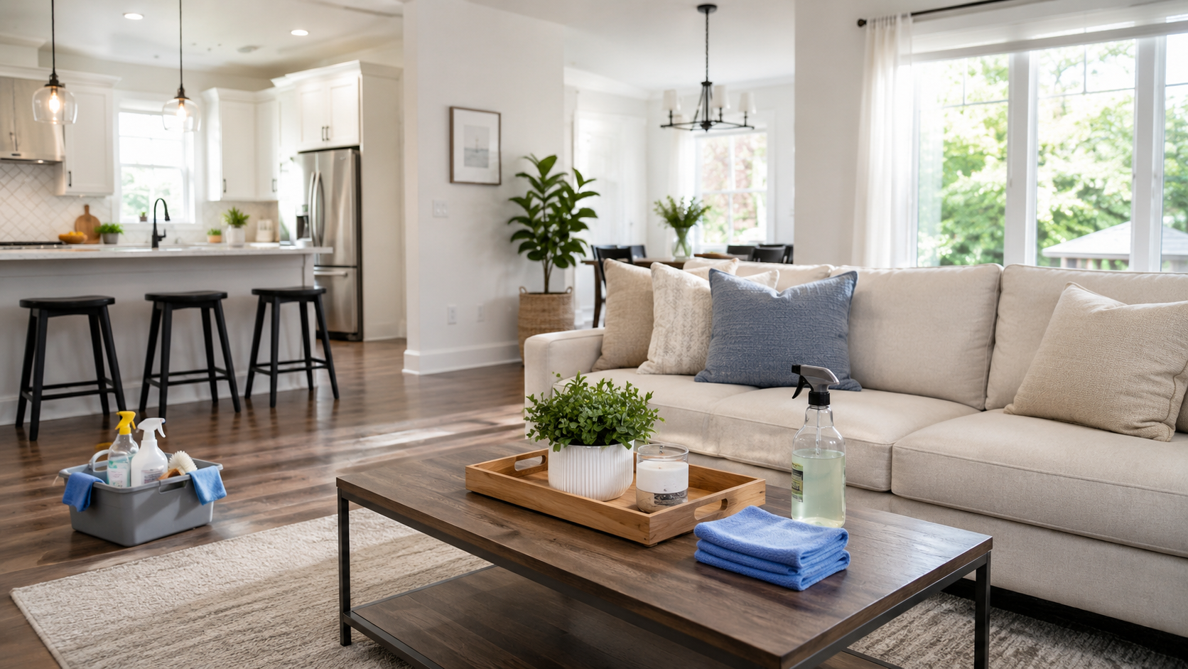 Warm sunlit Southern living room beautifully cleaned